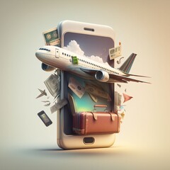 Smartphone with flying airplane and money. Travel concept. 3D Rendering