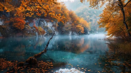Autumn landscape in beautiful forest with colorful trees. colorful leaves of fall in nature. autumn season in japan. Road scenery in the jungle on mountain. Beautiful autumn colors. Autumn background. - obrazy, fototapety, plakaty