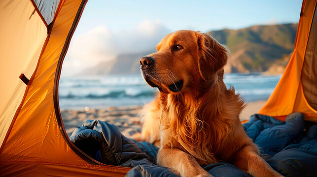 Active recreation, hiking with pets. A Golden Retriever dog sits near the entrance to a tent in a campsite on the sandy seashore.