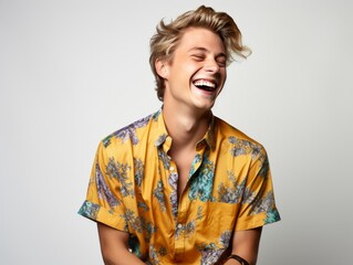 A man with a bright color shirt is smiling and laughing