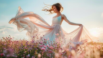 A flowing dress in a light, breezy fabric that complements the theme of spring.  - obrazy, fototapety, plakaty