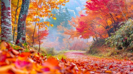 Naklejka na ściany i meble Autumn landscape in beautiful forest with colorful trees. colorful leaves of fall in nature. autumn season in japan. Road scenery in the jungle on mountain. Beautiful autumn colors. Autumn background.