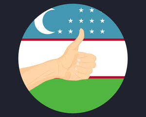 Hand approve sign with Uzbekistan flag, thumb up, approval or vote concept