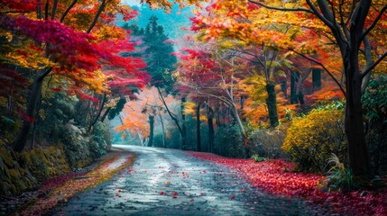 Autumn landscape in beautiful forest with colorful trees. colorful leaves of fall in nature. autumn season in japan. Road scenery in the jungle on mountain. Beautiful autumn colors. Autumn background.
