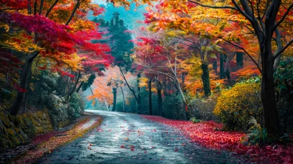 Photo sur Plexiglas Gris 2 Autumn landscape in beautiful forest with colorful trees. colorful leaves of fall in nature. autumn season in japan. Road scenery in the jungle on mountain. Beautiful autumn colors. Autumn background.