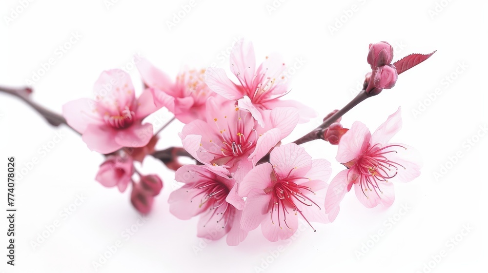 Poster an isolated cherry tree branch with pink spring flowers in spring.