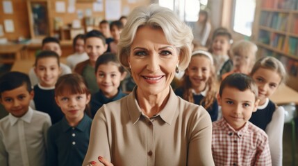 The woman is smiling and posing for a picture with the children