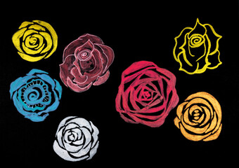 Seven different roses on a black background. The dabbing technique near the edges gives a soft focus effect due to the altered surface roughness of the paper. - 774078028