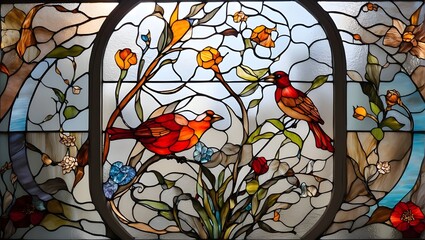 A traditional stained glass window with a twist, featuring a mix of classic and contemporary elements that create a unique and captivating piece,stained window with flowers and birds