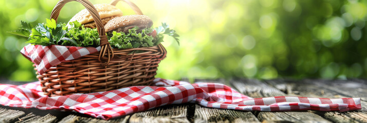 Summertime Picnic Basket with Fresh Food on Gingham Cloth in Nature - obrazy, fototapety, plakaty