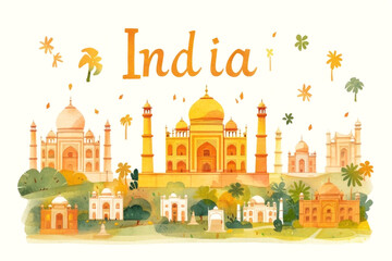 Fototapeta premium Vibrant illustration of India's iconic architecture and tropical flora