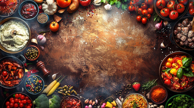 Recipe suggestions presented in a cookbook layout, surrounded by vibrant illustrations of dishes and ingredients.