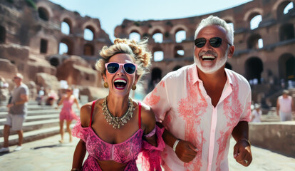 Joyful Senior Couple Laughing and Enjoying Vacation in Italy. Happy senior couple in a moment of joy in front of a Colosseum