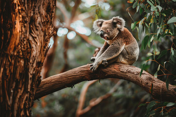Naklejka premium Koala sitting on a eucalyptus tree branch