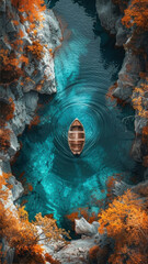 Experience tranquility with this stunning aerial photo of a lone boat amidst a swirling blue water...
