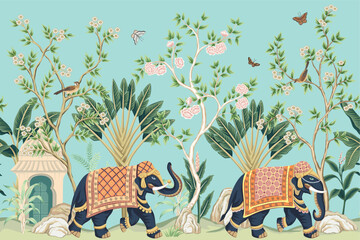 Vintage botanical palm tree, Indian elephant, floral tree, butterfly, bird, plant floral seamless border. Exotic chinoiserie mural. - 774078425