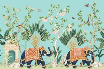 Poster Im Rahmen Vintage botanical palm tree, Indian elephant, floral tree, butterfly, bird, plant floral seamless border. Exotic chinoiserie mural. © good_mood