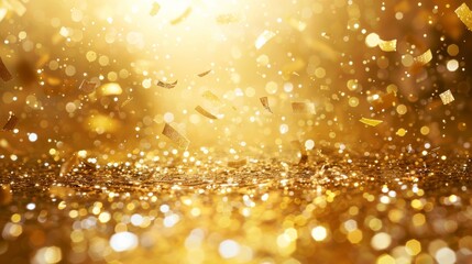Gold confetti raining down on a shimmering gold background, celebrating the achievement 