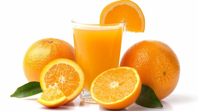 On a white background, a glass of 100% Orange juice with orange sacs and slices.