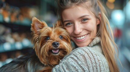 Cheerful woman holding yorkshire terrier in pet shop - Powered by Adobe