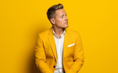 A man in a yellow suit is standing in front of a yellow wall