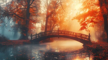 Autumn nature landscape. Lake bridge in fall forest. Path way in gold woods. Romantic view image scene. Magic misty sunset pond. Red color tree leaf park. Calm bright light, city sunrise, sunlight sun
