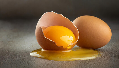 Two brown chicken eggs. One broken egg in half, with yellow yolk inside the eggshell. Farm product.