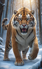 A formidable sabertooth tiger like found in the ice age, its form magnified not just in size but in presence, standing as a guardian of an unseen battlefield