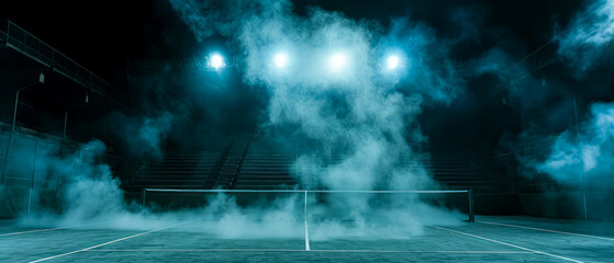 Professional tennis court, stadion, arena with dramatic steam or smoke. Sport lifestyle background. Copy space. Mockup or banner for sports competitions. Generative ai	