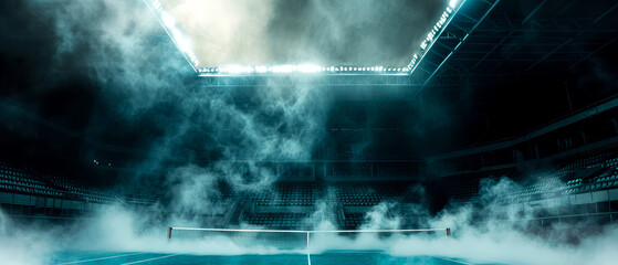 Professional tennis court, stadion, arena with dramatic steam or smoke. Sport lifestyle background. Copy space. Mockup or banner for sports competitions. Generative ai	 - obrazy, fototapety, plakaty