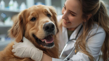 Smiling Veterinarian Caring for Happy Golden Retriever in Clinic