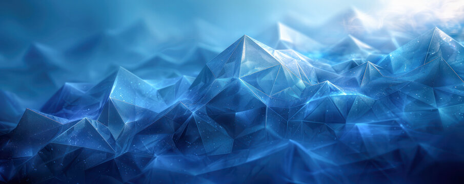 Crystal Blue Digital Mountains. Illustration with sharp geometric peaks in varying shades of blue, evoking a sense of a frozen digital landscape.