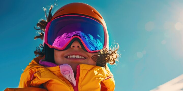 A child having fun skiing, bright bold colors photography