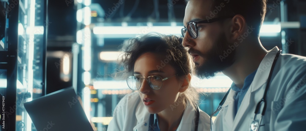 Poster A sketch of two female and male engineers analyzing and discussing Artificial Intelligence software while using a laptop computer in a high-tech research facility.