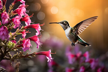 A Black-chinned Hummingbird hovers mid-air, its grace frozen in time amidst a vibrant floral feast, a testament to nature's agility