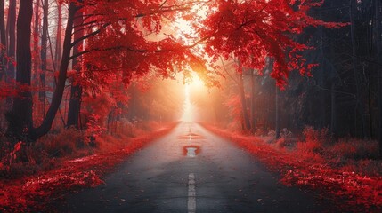 autumn road in sunrise- red color panoramic forest landscape