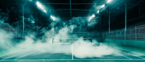 Professional tennis court, stadion, arena with dramatic steam or smoke. Sport lifestyle background. Copy space. Mockup or banner for sports competitions. Generative ai	