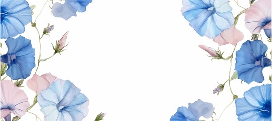 Fototapeta premium Watercolor painting of blue and pink of Morning Glory flowers positioned in the left and right of the frame, on a white background.