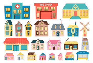 Vector set of flat style houses different shapes and sizes. Flat houses and town buildings set