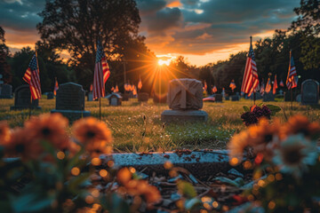 Sunset Serenity at Patriotic Cemetery with American Flags