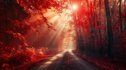 Fotobehang Bordeaux autumn road in sunrise- red color panoramic forest landscape