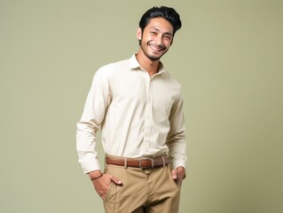 A man with a bright white shirt is smiling and laughing