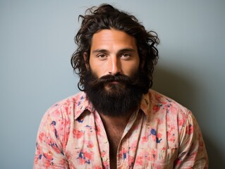 A man with a beard and mustache is wearing a floral shirt