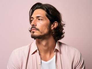 Obraz premium A man with a beard and long hair is wearing a pink shirt and white shirt