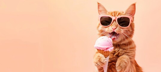 cute cat in sunglasses eating ice cream on peach color background with copy space. Cat is licking the cone of delicious vanilla soft icecream and tongue out. banner with copy space area for summer