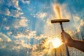 Window Cleaning at Sunset with Squeegee and Soap Suds - obrazy, fototapety, plakaty