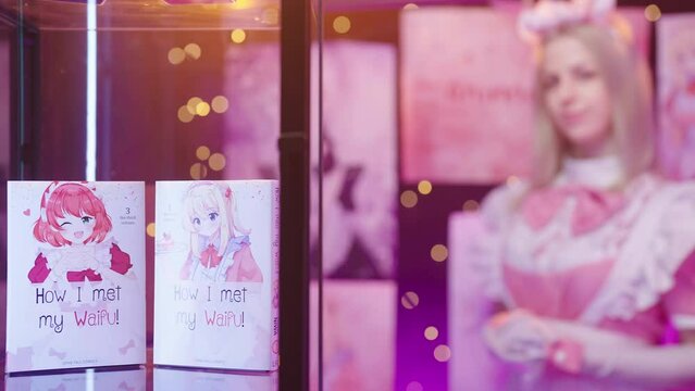Anime art stand refocus from manga comic to cute pink maid girl cosplayer 4K