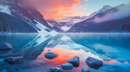 Beautiful Lake Louise in Banff National Park, Canada. Photographed at sunrise. - obrazy, fototapety, plakaty