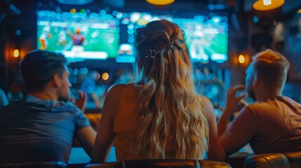 Group of Soccer Fans Watching a Live Football Match in Sports Bar. People Standing in Front of TV, Cheering for Their Team. Player Scores Goal and Crowd Celebrate Winning the Championship.