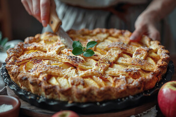 Homemade apple pie with fresh apples on rustic table. Generative AI image